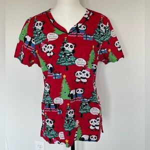 Cherokee Panda Christmas Tree Holiday Theme Scrub Top - Size Medium - Red/Green